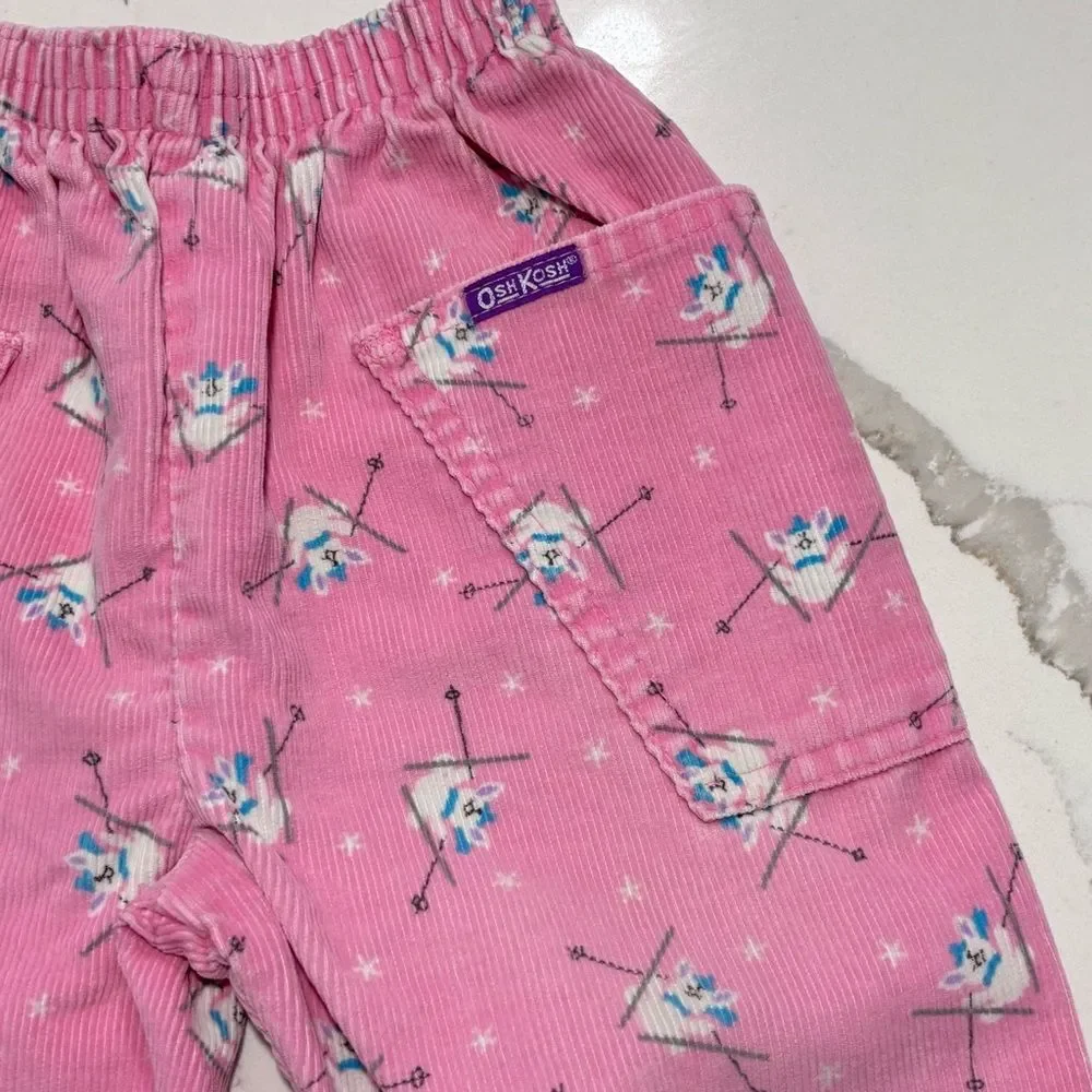 Vintage 1980s Union USA OshKosh Girl's Pink Corduroy Skiing Bunnies Size 18 Mos
